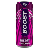 A 250ml can of Boost - Sour Cherry Energy drink in purple and pink, labeled with a 75p price at the top.
